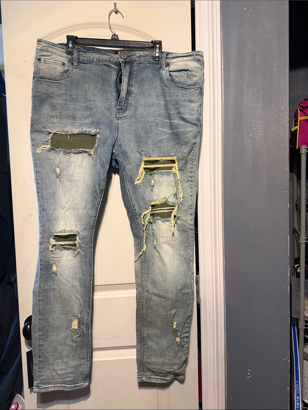 Men's Light Blue Skinny Ripped Jeans with Olive Patch Details